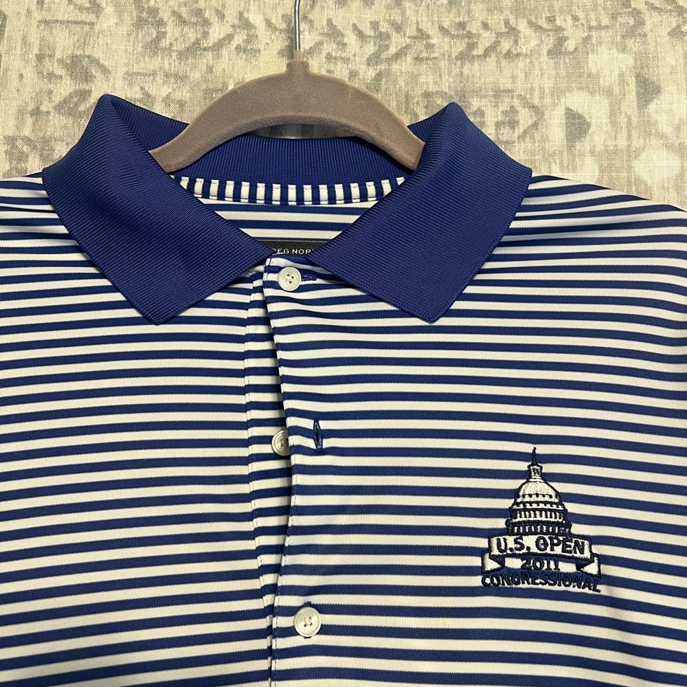 Congressional 2011 US Open Greg Norman Collection Blue and White Striped Polo
